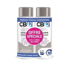 Bain de bouche CB12 White – Sans alcool - Aide à blanchir les dents - Protection scientifiquement prouvée contre la mauvaise haleine pendant 16 heures – Combat la cause de la mauvaise haleine – Fraîcheur longue durée – Menthe douce - 250 ml - Lot de 2