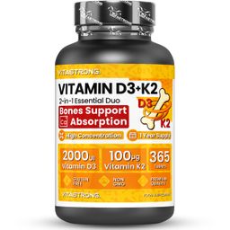 Vitastrong Vitamine D3 + K2 – 365 Comprimés – Pour les Os, Dents & Système Immunitaire