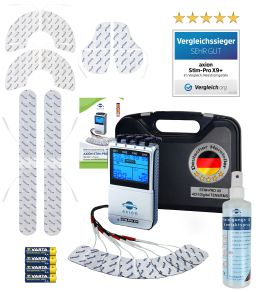 Appareil combiné TENS EMS axion® 4 canaux STIM-PRO X9+ avec spray et électrodes pour le dos