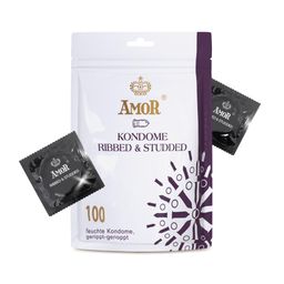 AMOR Premium Préservatifs Ribbed-Studded, Ø 54 mm Transparent Lot de 100