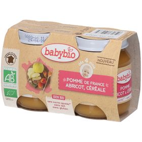 Babybio Pomme, Abricot et Céréales de France – Alimentation pour Bébé 100 % bio – Dessert à la Purée de Fruits – Dès 4 Mois