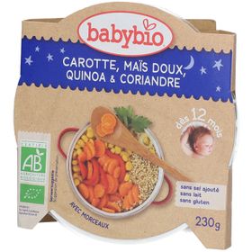 Babybio Carottes, Maïs Doux, Quinoa et Coriandre de France – Alimentation pour Bébé Bio – Repas du Soir Végétarien – Dès 12 Mois