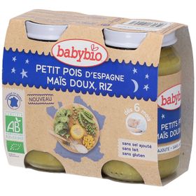 Babybio Pois d'Espagne, Maïs Doux et Riz – Alimentation pour Bébé Bio – Repas du Soir – dès 6 Mois