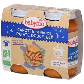 Babybio Carottes de France, Patates Douces et Blé – Alimentation pour Bébé Bio – Repas du Soir Végétarien – Dès 6 Mois