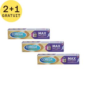 Corega Power Max Max Hold + Block Crème Adhesive 2+1 GRATUIT