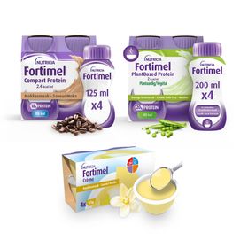 Fortimel Compact Protein 2.4kcal | Saveur Moka + Fortimel Plantbased Protein 2 kcal Saveur Petits pois-menthe + Fortimel Crème Saveur Vanille | Complément Nutritionnel Dénutrition