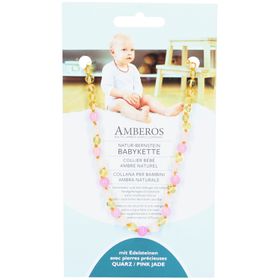 AMBEROS Collier bébé ambre naturel avec quartz et jade rose 32 cm