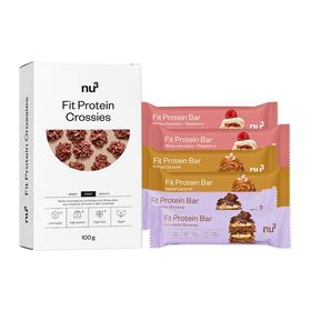 nu3 Fit Protein Crossies & Protein Bar, Gezouten Karamel & Protein Bar, Chocolade Brownie & Protein Bar, Witte Chocolade Framboos