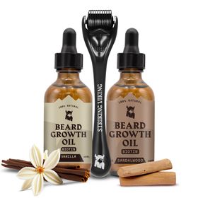 Striking Viking Huile de Croissance de Barbe Bois de Santal & Vanille Pack de 2 + Ensemble Derma Rol