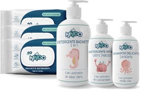 Kikido Coffret Naissance avec 3 lingettes humides, shampoing, nettoyant intime et gel de bain