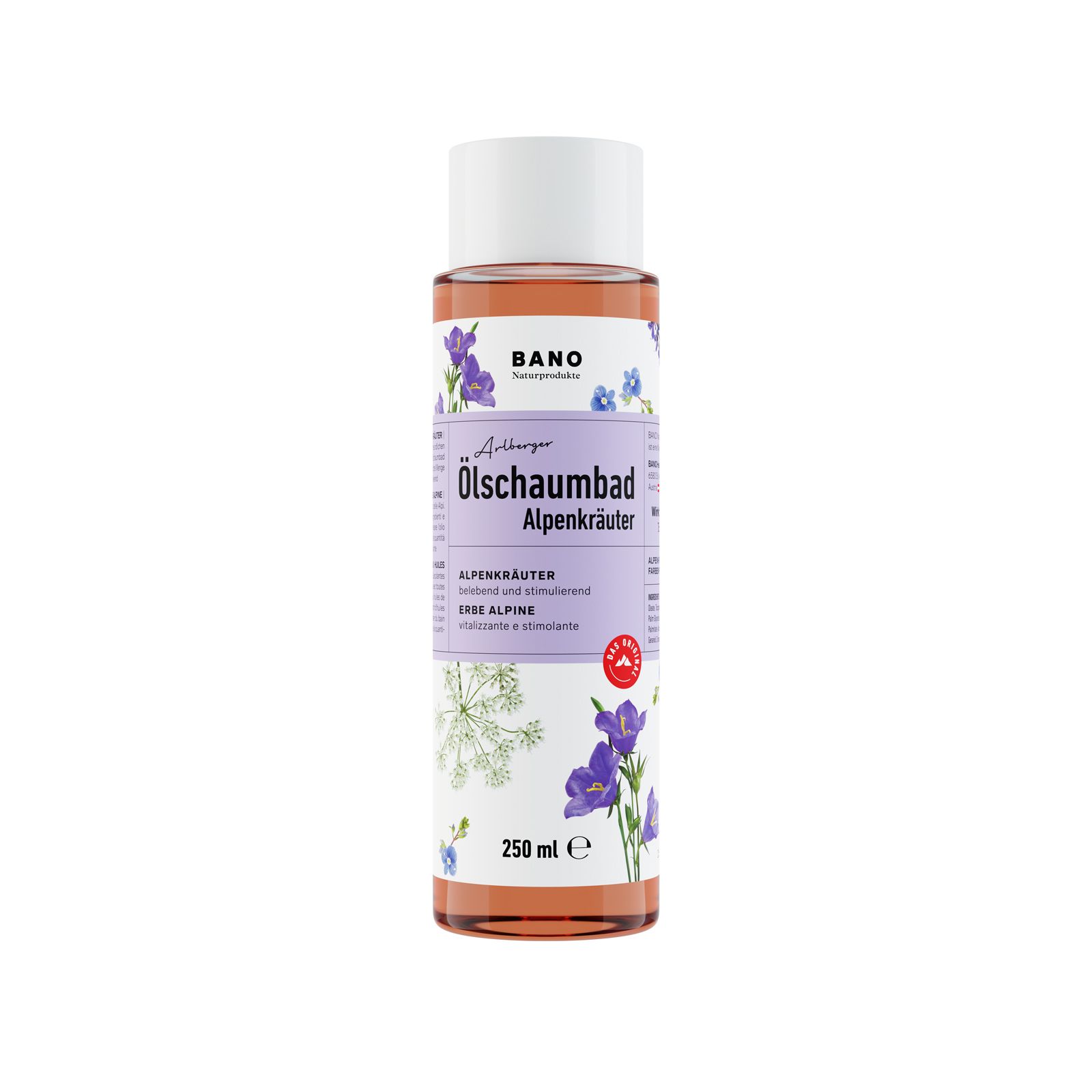 BANO Ölschaumbad Alpenkräuter, fles met witte dop. Opschrift: Alpenkräuter, 250 ml.