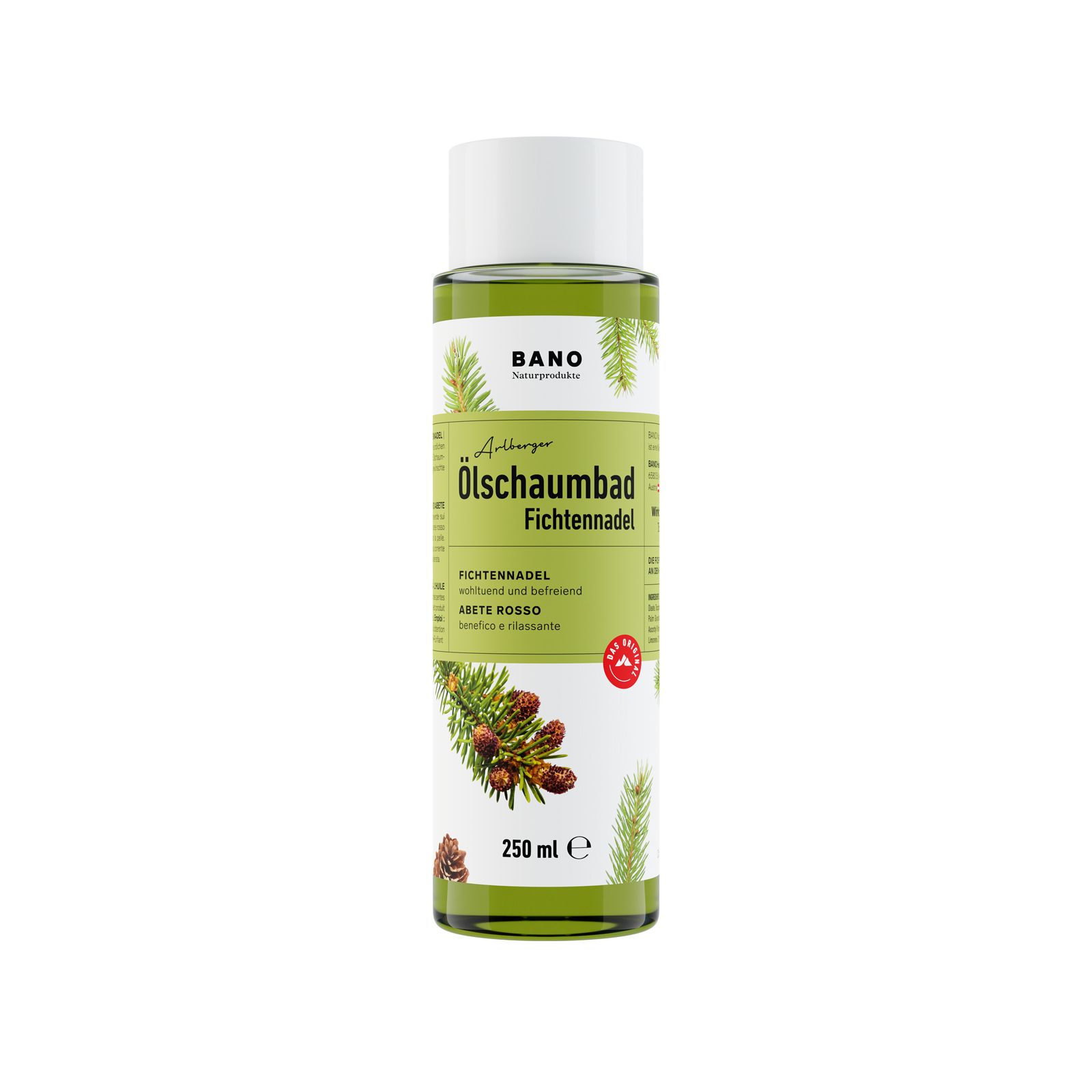 BANO Schuimbad dennennaald. Groene fles met witte dop. Etiket met tekst en illustraties.