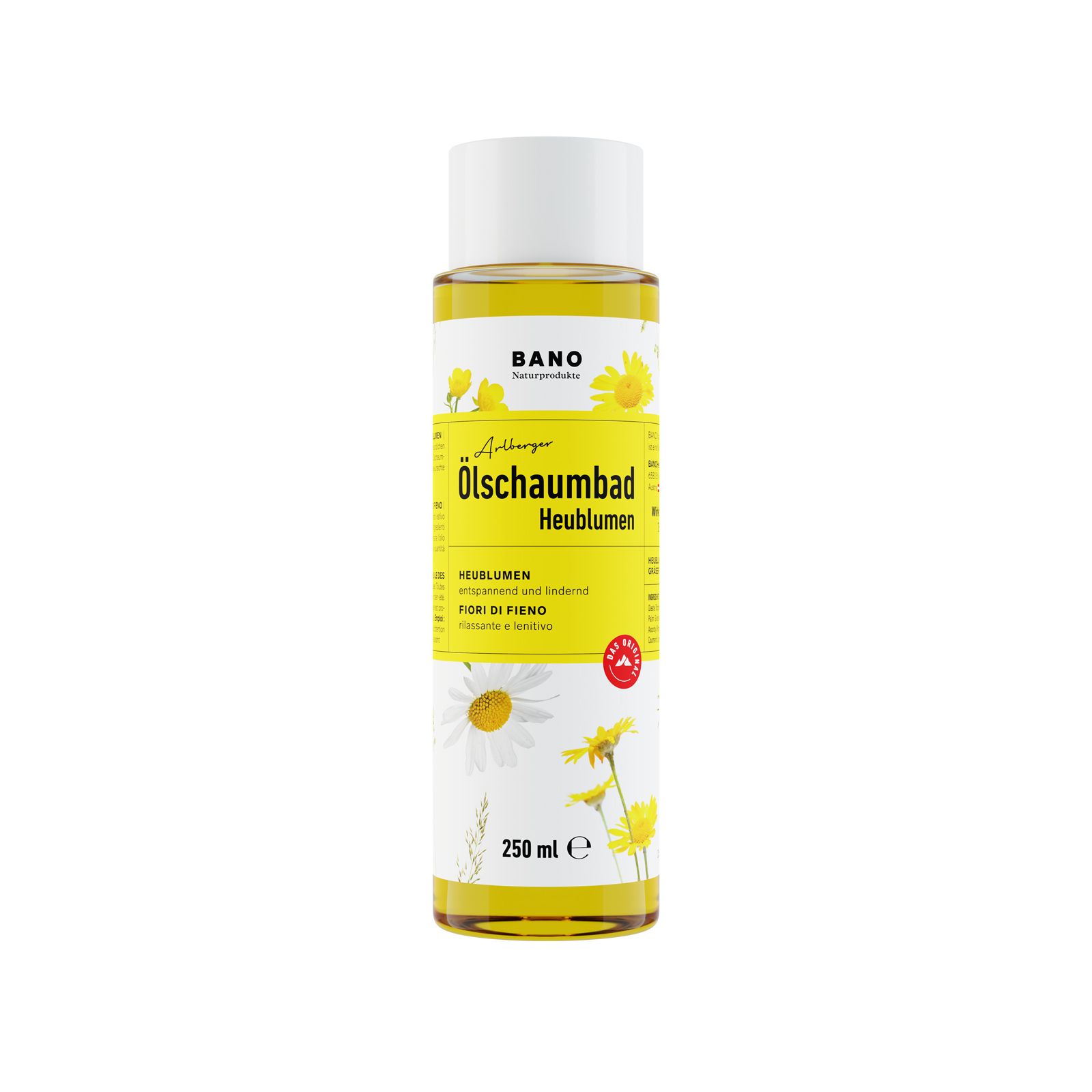 Gele fles met witte dop. Opschrift: Ölschaumbad Heublumen. 250 ml. Illustraties van kamille en hooi.