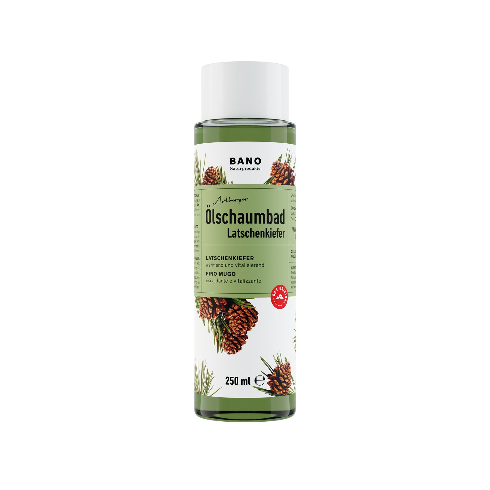 Groene fles met witte dop. Etiket met productnaam, dennentakken en kegels. Merk BANO.