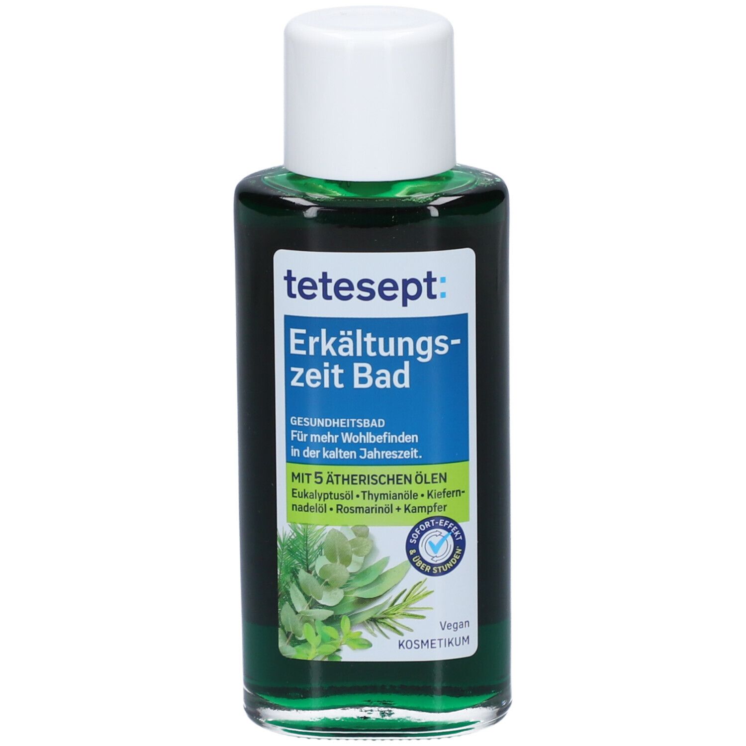 Groene fles met witte dop. Opschrift: tetesept Erkältungszeit Bad. Bevat etherische oliën. Vegan.
