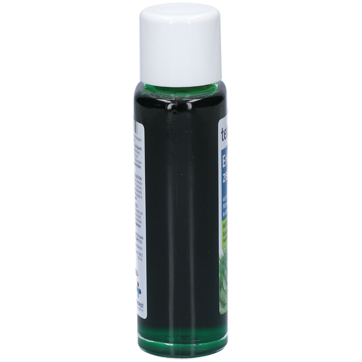 Groene fles met witte dop, zijaanzicht. Opschrift gedeeltelijk zichtbaar. Bevat groene vloeistof.