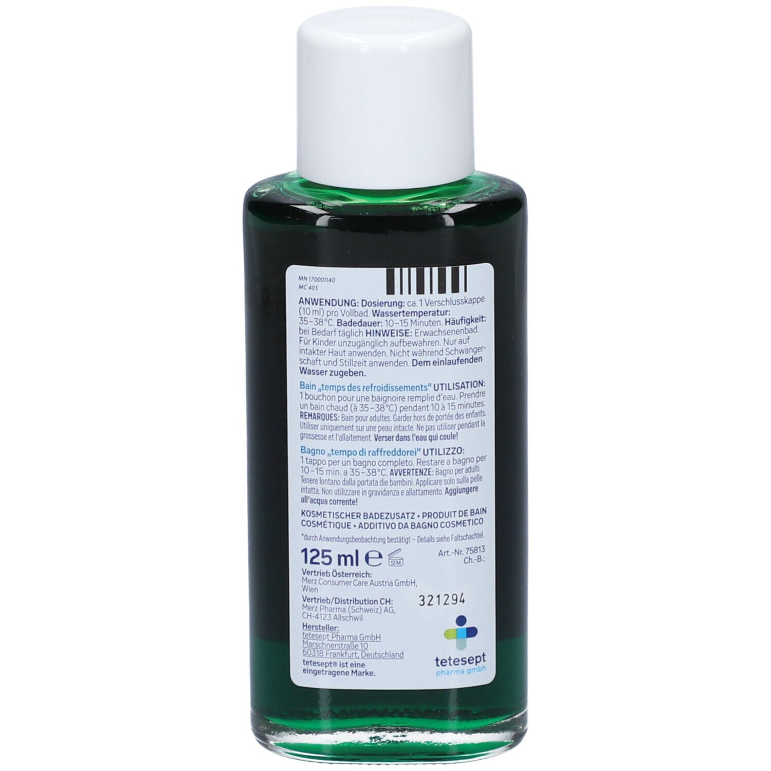 Groene fles met witte dop. Achterkant met tekst. Bevat groene vloeistof. 125 ml.