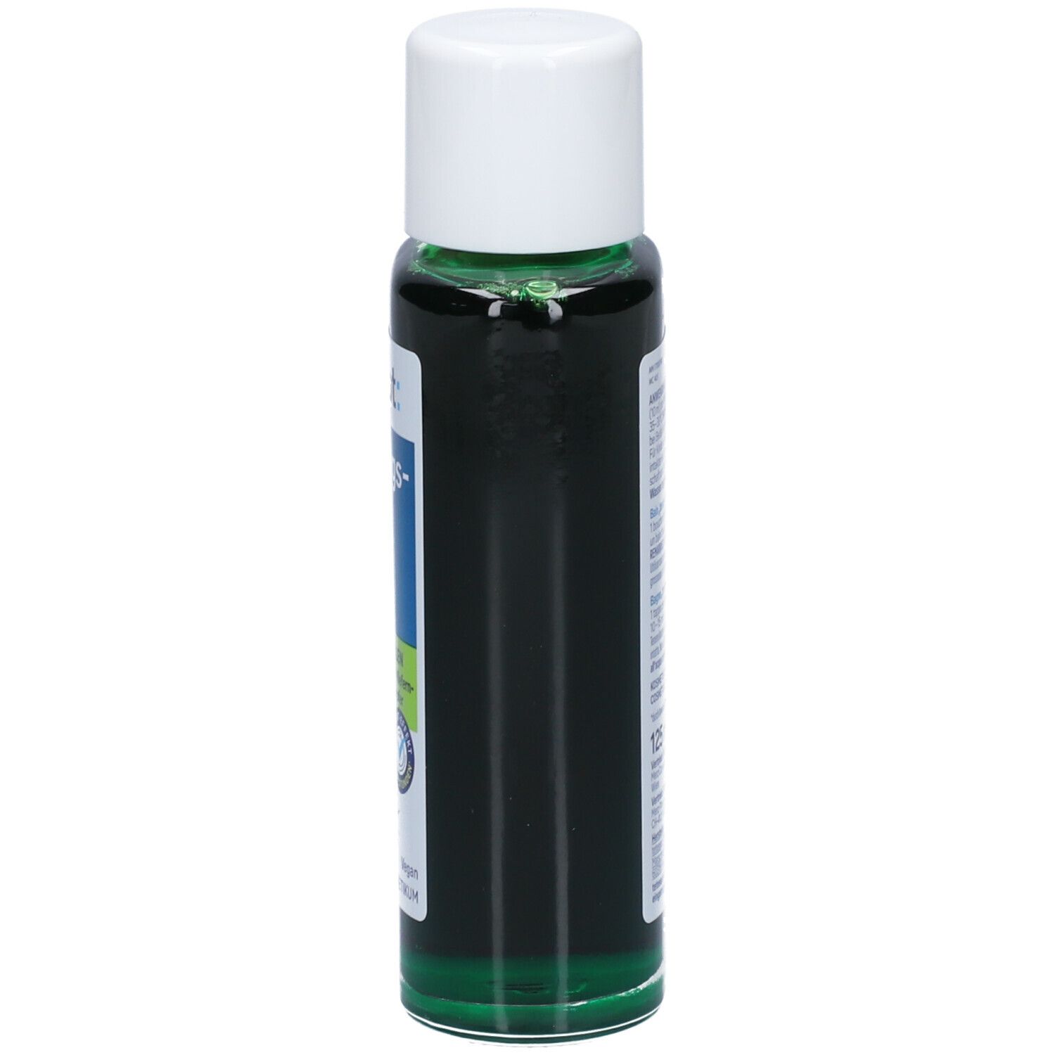 Groene fles met witte dop, zijaanzicht. Bevat groene vloeistof. Opschrift gedeeltelijk zichtbaar.