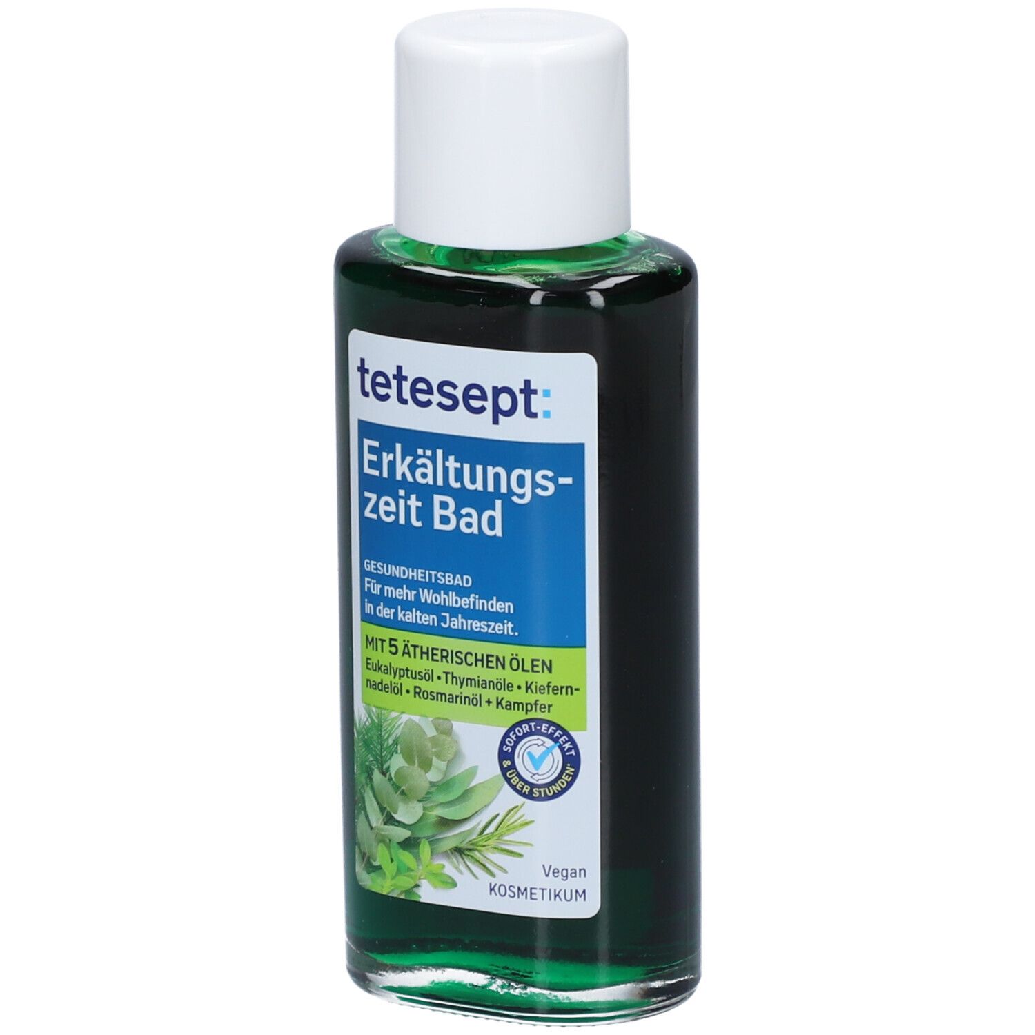 Groene fles met witte dop. Opschrift: tetesept Erkältungszeit Bad. Bevat etherische oliën. Vegan.
