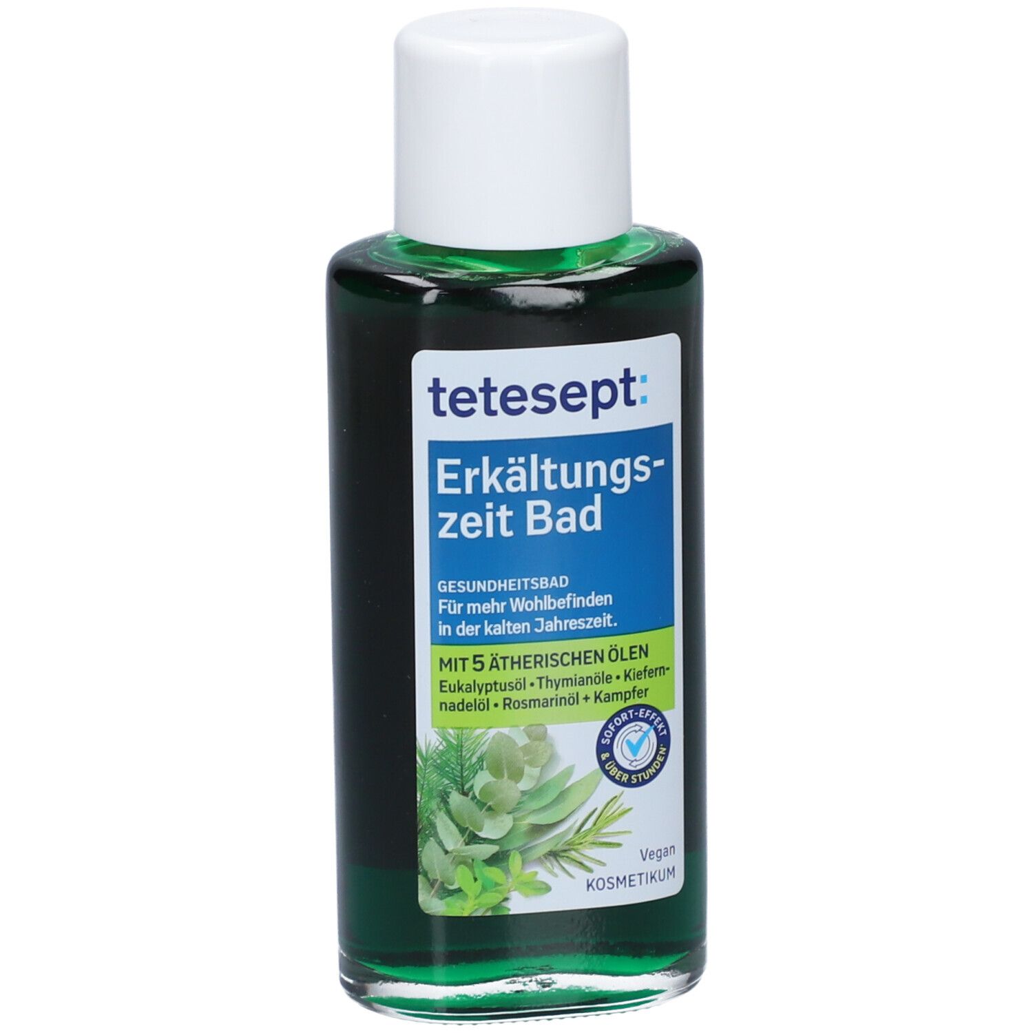 Groene fles met witte dop. Opschrift: tetesept Erkältungszeit Bad. Bevat etherische oliën. Vegan.