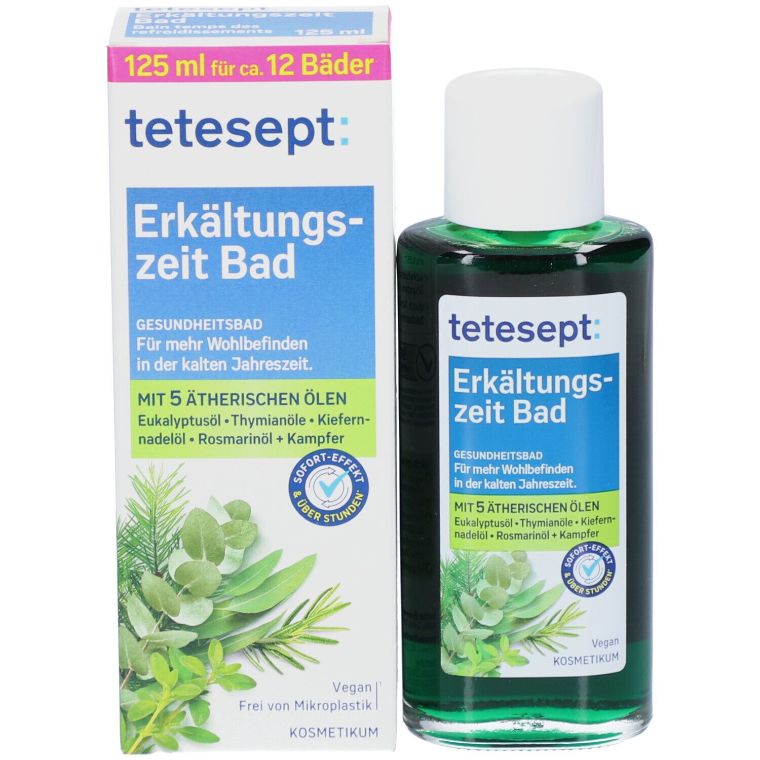 tetesept Erkältungszeit Bad fles en verpakking. 125 ml voor 12 baden. Bevat etherische oliën. Vegan.