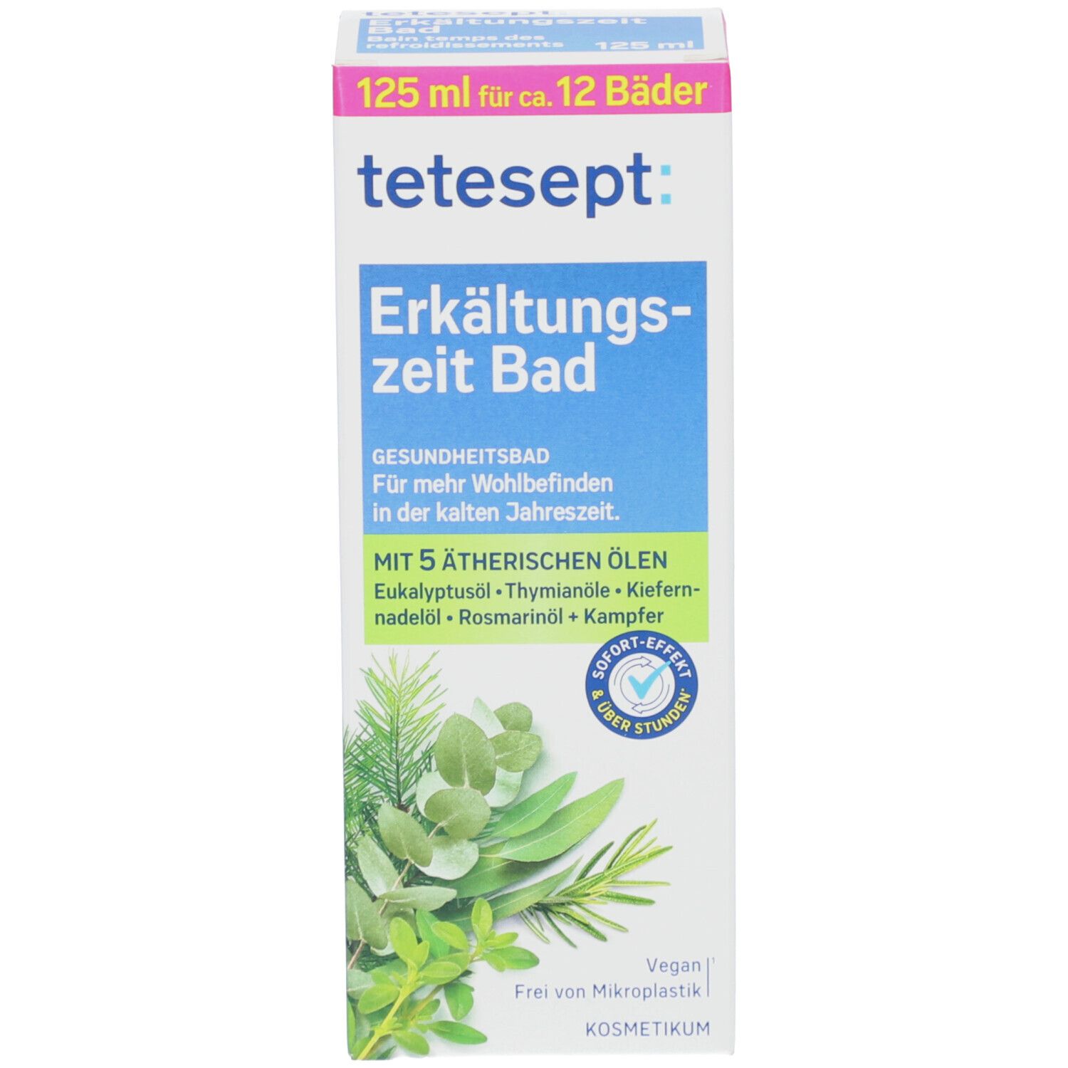 Verpakking van tetesept Erkältungszeit Bad. 125 ml voor 12 baden. Bevat etherische oliën. Vegan.