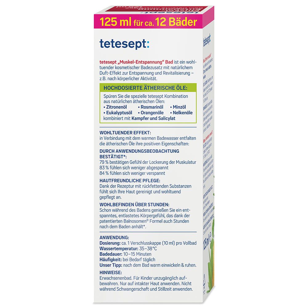 tetesept® Muskel Entspannung. Boîte avec informations produit. Aux huiles essentielles. 125 ml.