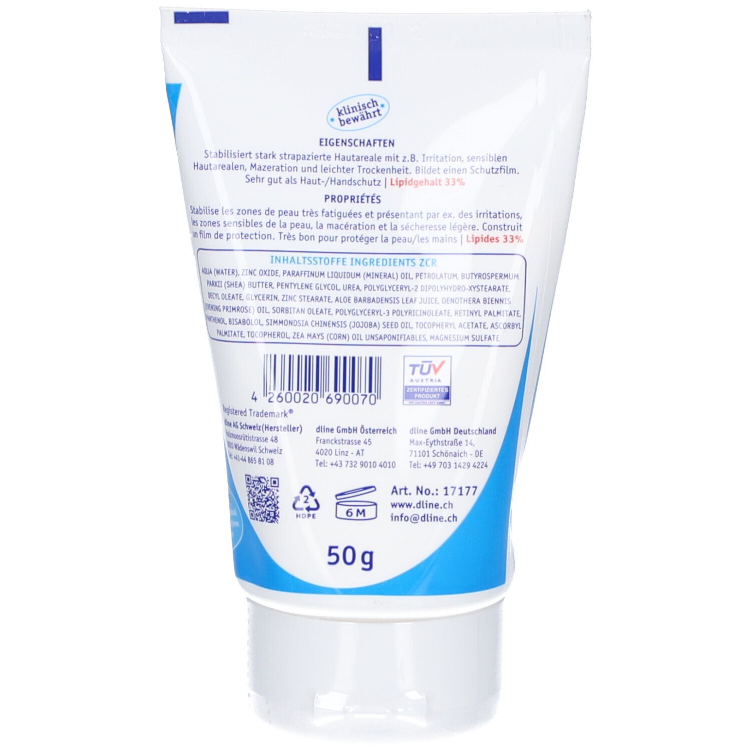 Dos du tube dline® ZCR® ZincCream. Texte et ingrédients. Certification TÜV. 50g.