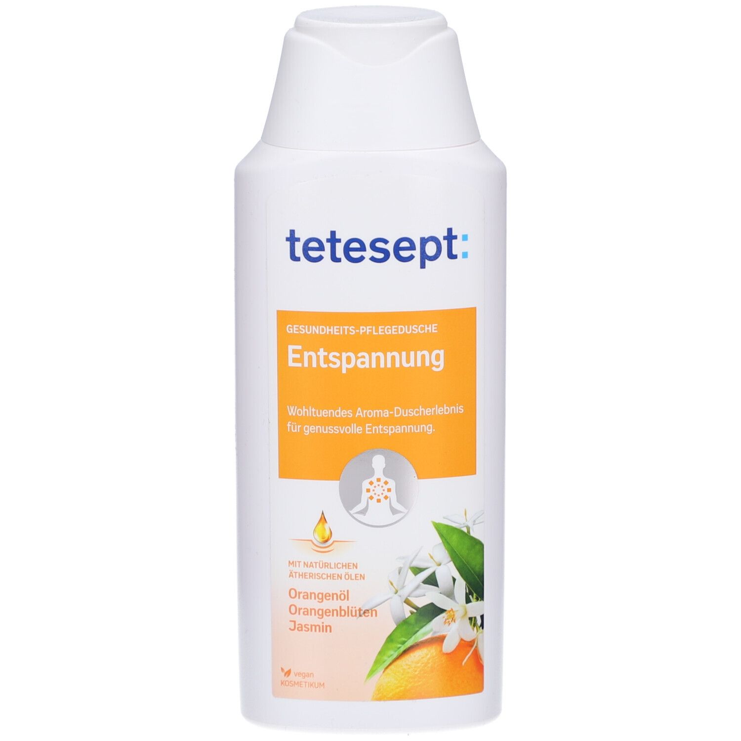 Witte tetesept® Entspannung douchegel. Oranje etiket met productnaam en ingrediënten. Vegan.