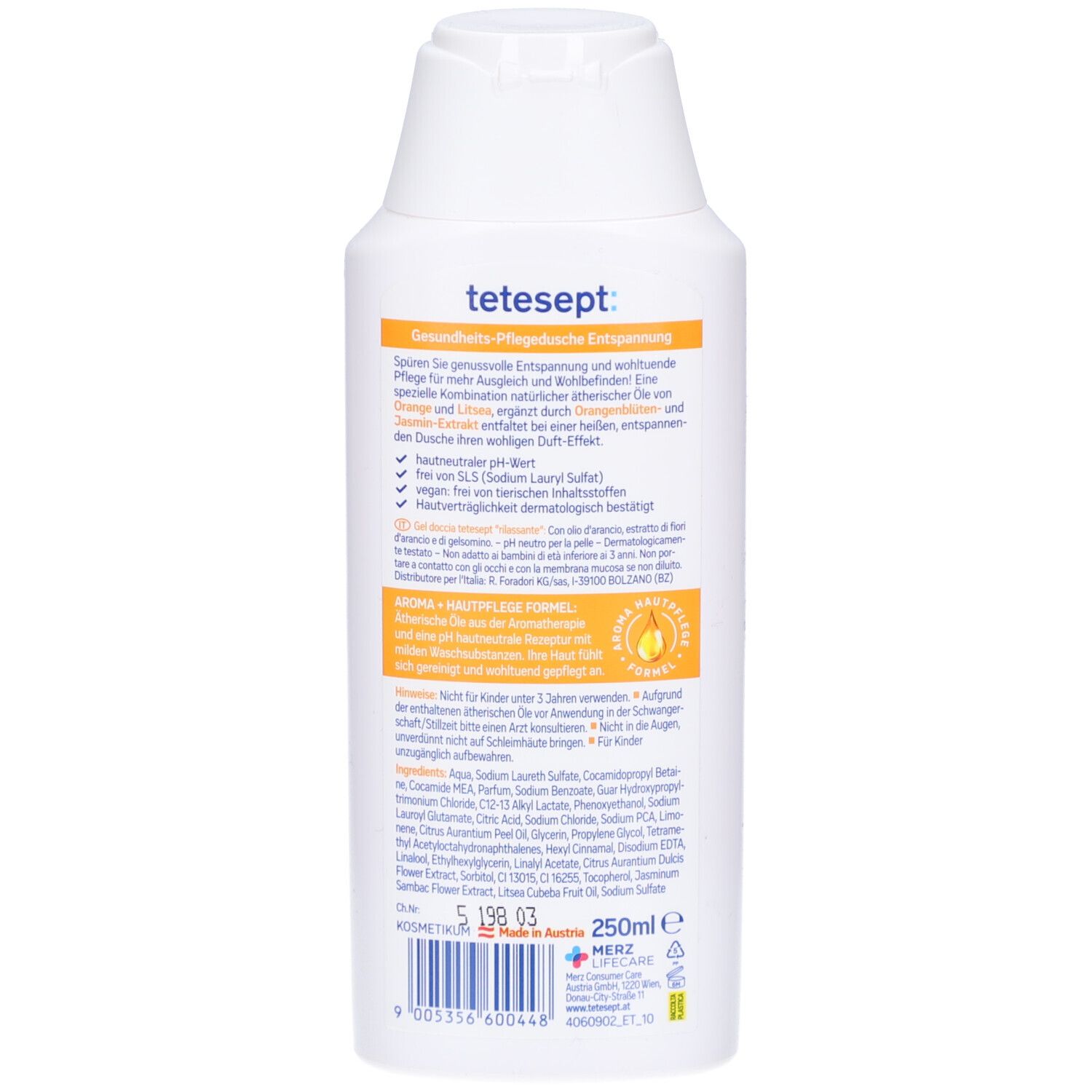 Achterkant van de tetesept® Entspannung douchegel. Tekstinformatie op witte achtergrond. 250ml.