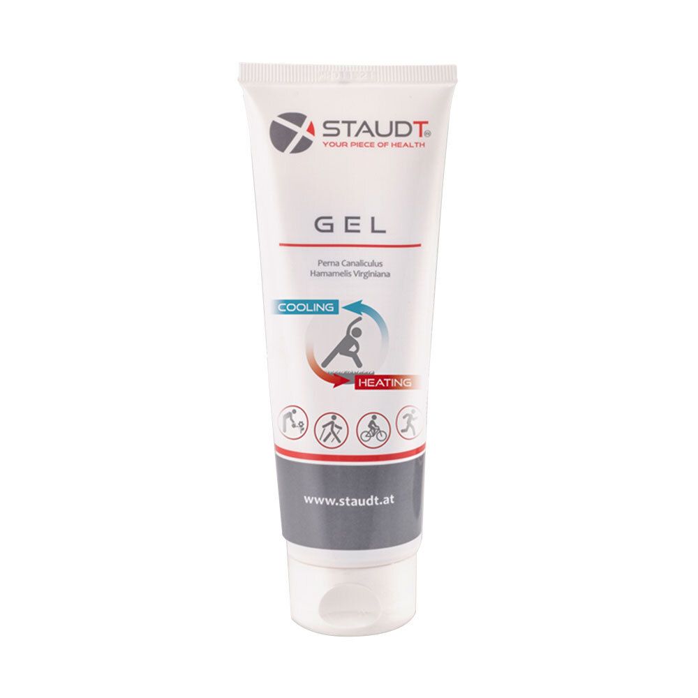 Tube de gel STAUDT®. Blanc, avec texte rouge et gris. Logo et inscription 'GEL' visibles. Indications 'COOLING' et 'HEATING'.