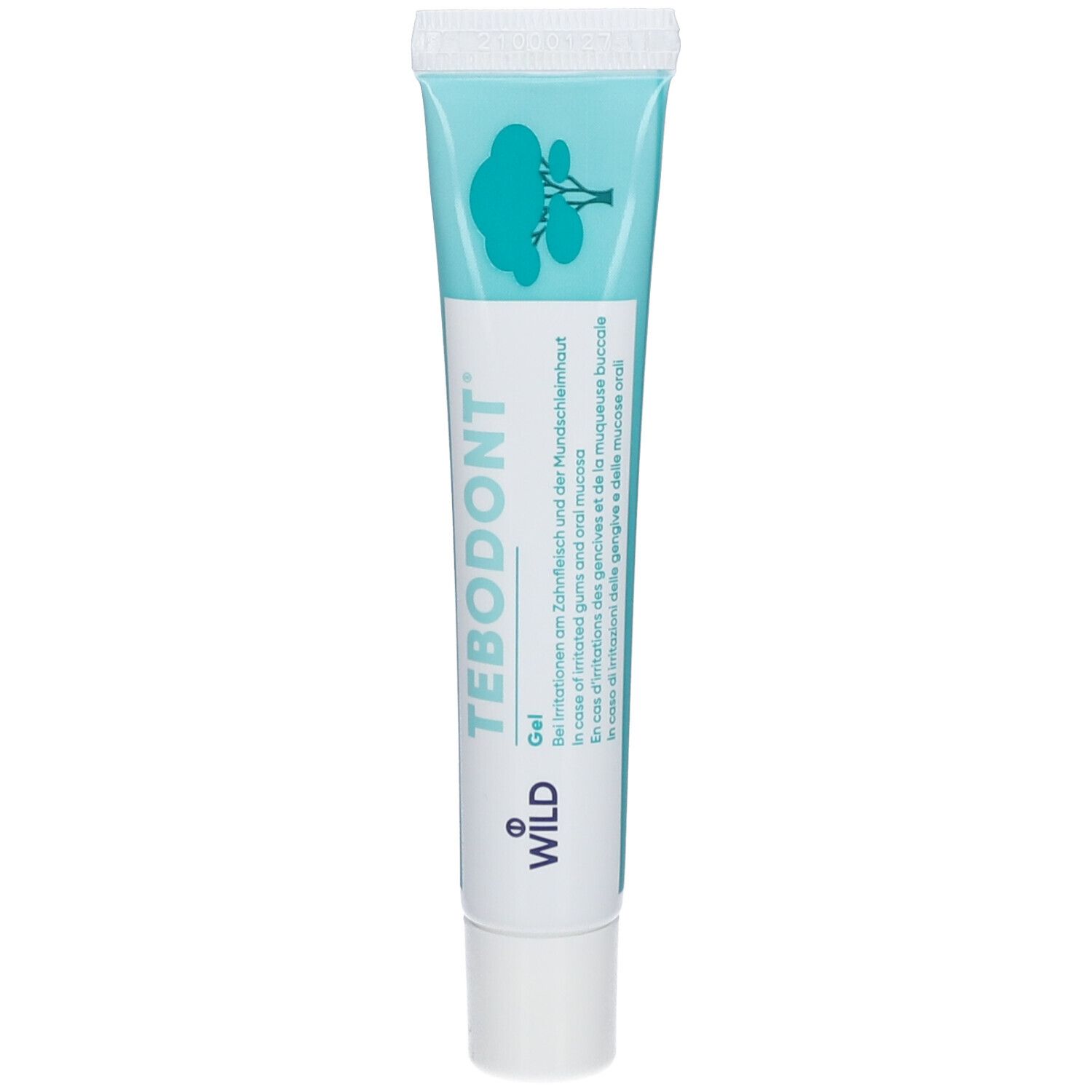 Groene doos met witte tekst. Opschrift: TEBODONT® Gel. Boomlogo. 10 ml. Zwitsers kruis.