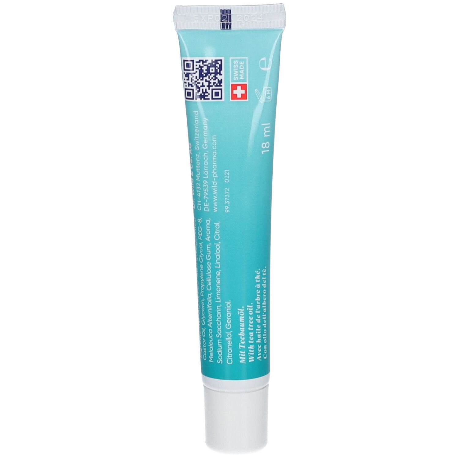 Tandpastatube, lichtblauw. Opschrift: TEBODONT® Gel. QR-code. Zwitsers kruis. 18 ml. Met tea tree olie.