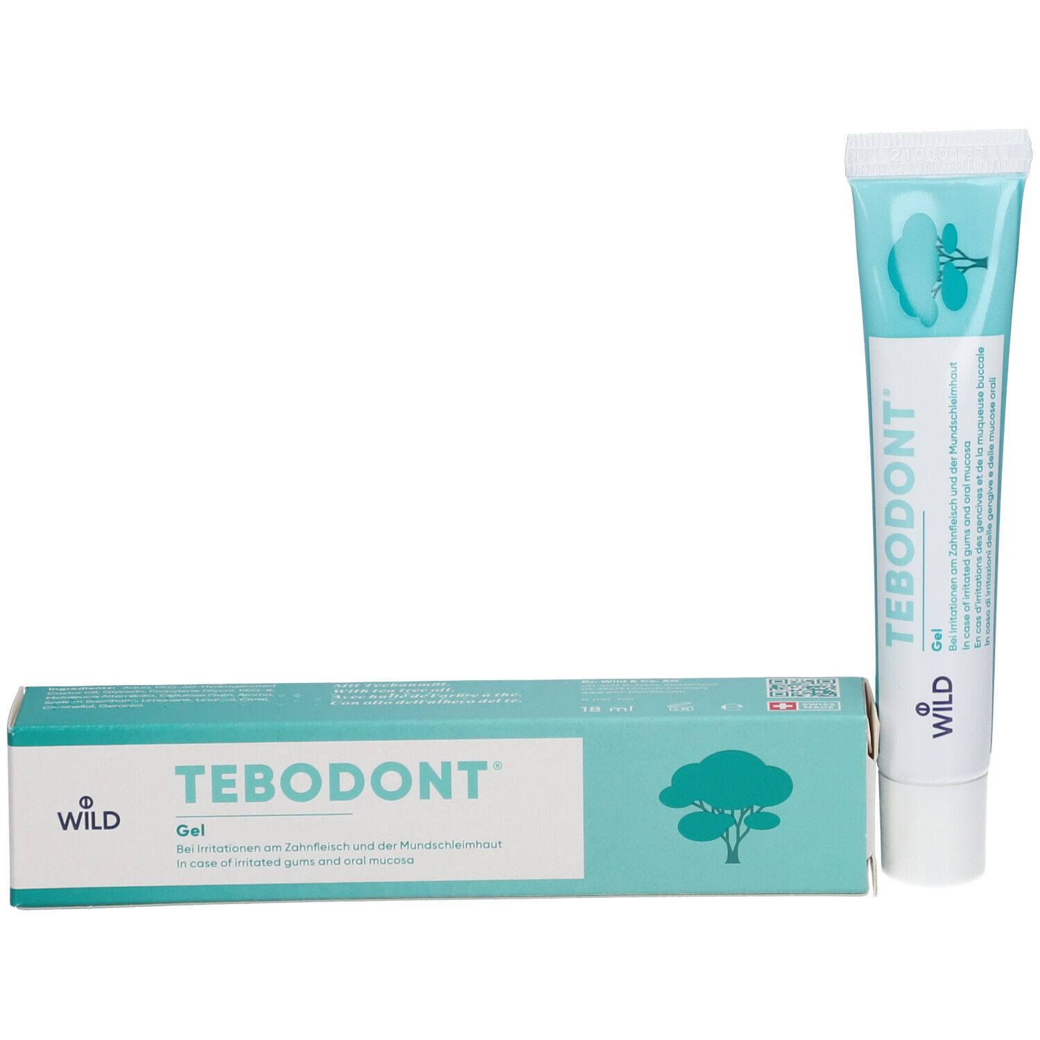 Doos en tube. Opschrift: TEBODONT® Gel. Boomlogo. Zwitsers kruis. Tube en doos naast elkaar.