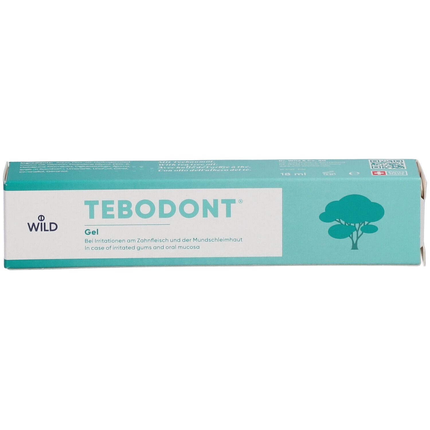 Groene doos met witte tekst. Opschrift: TEBODONT® Gel. Boomlogo. Zwitsers kruis.