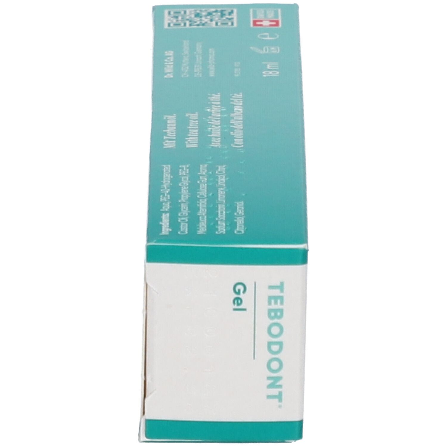 Groene doos met witte tekst. Opschrift: TEBODONT® Gel. Boomlogo. Zwitsers kruis. 10 ml.