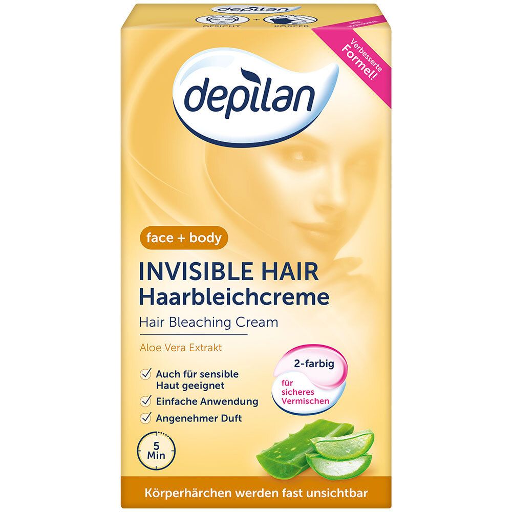 Gele verpakking met productnaam en gezicht. Tekst: Invisible Hair Hair Bleaching Cream. Aloë Vera extract. 5 min. 2-kleurig.