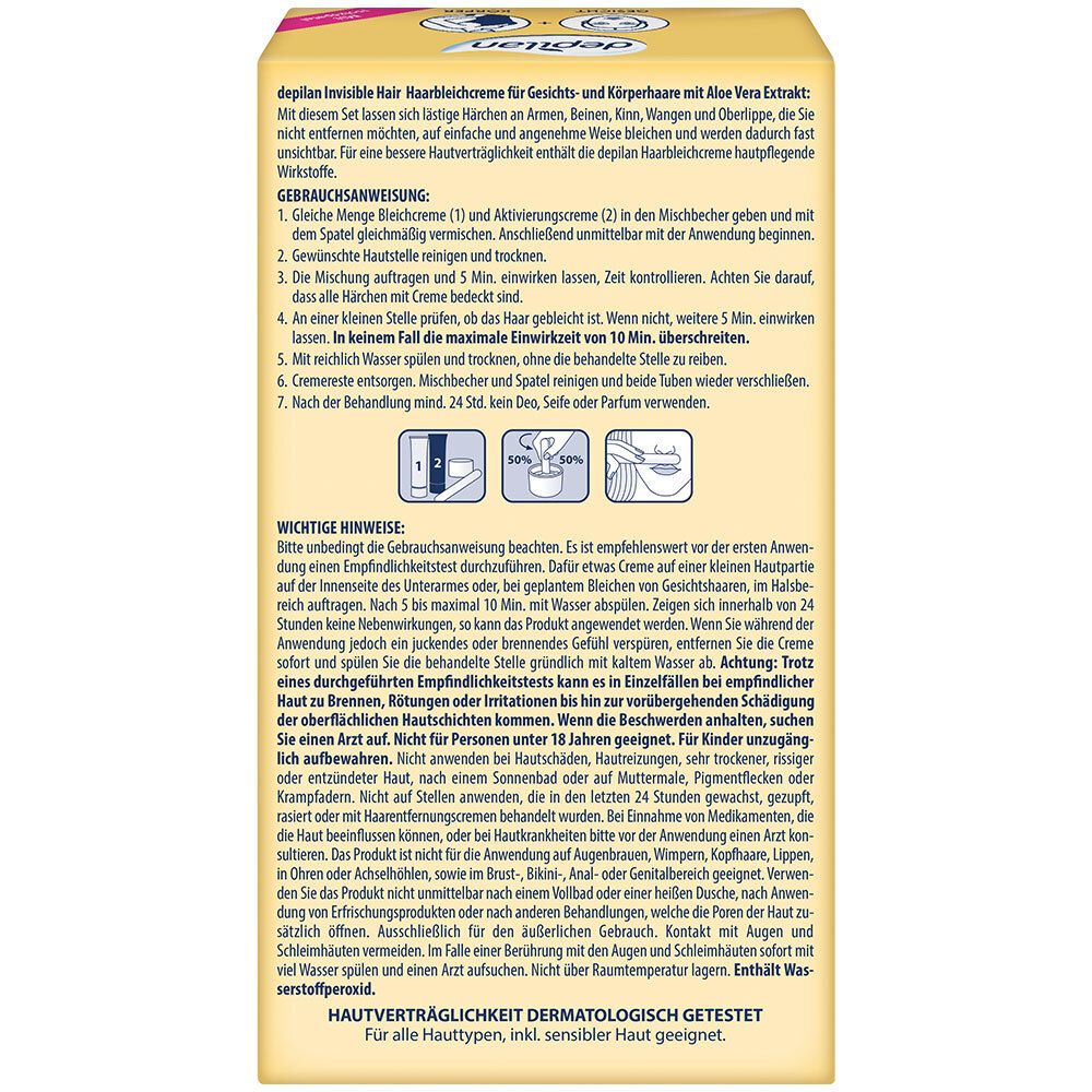 Achterkant van de verpakking met gebruiksaanwijzing en belangrijke informatie. Tekst in het Duits. Dermatologisch getest.