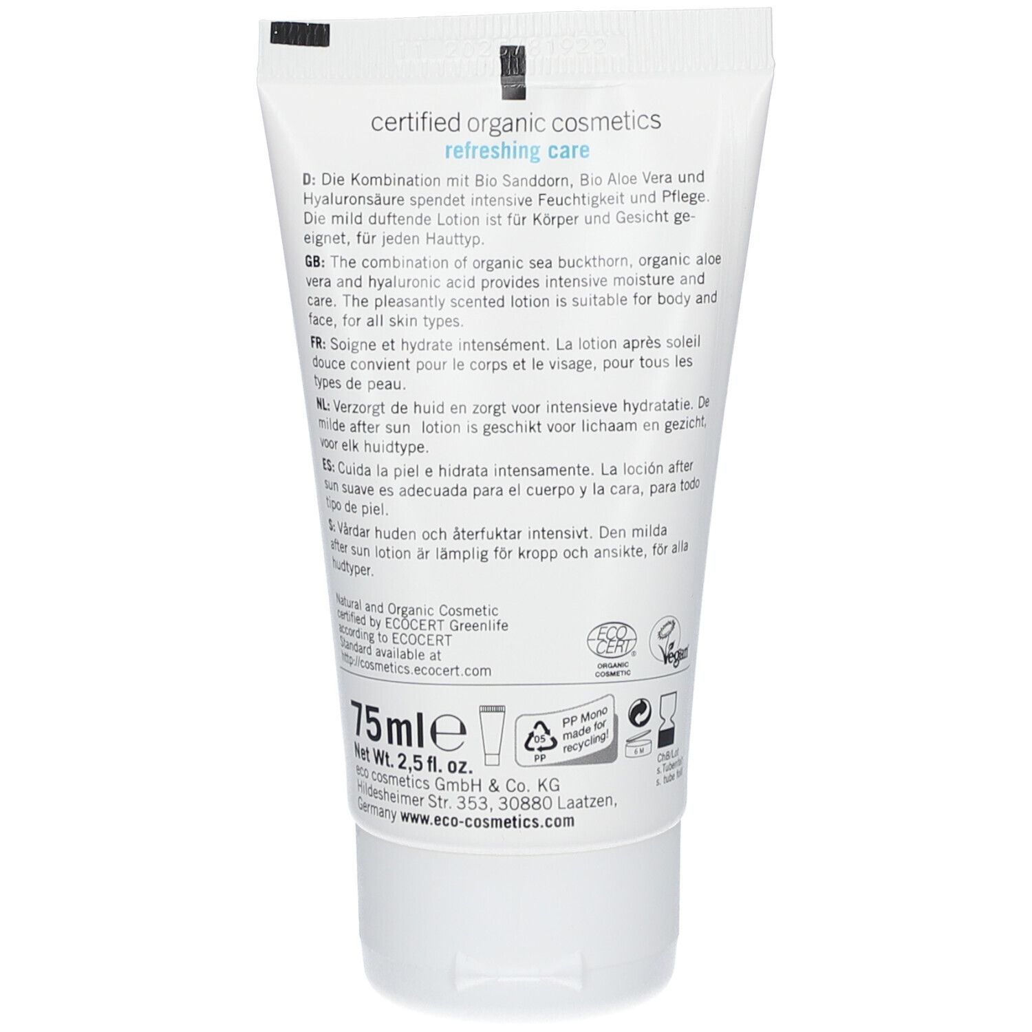 Dos du tube. Texte multilingue. 75ml. Symboles de recyclage. Label Ecocert. Logo vegan.