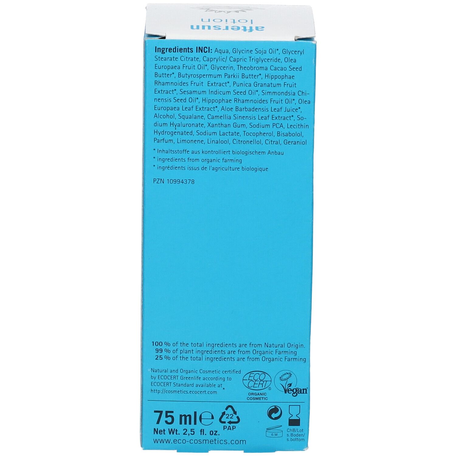 Dos de l'emballage. Liste des ingrédients. 75 ml. Symboles de recyclage. Label Ecocert. Logo vegan.