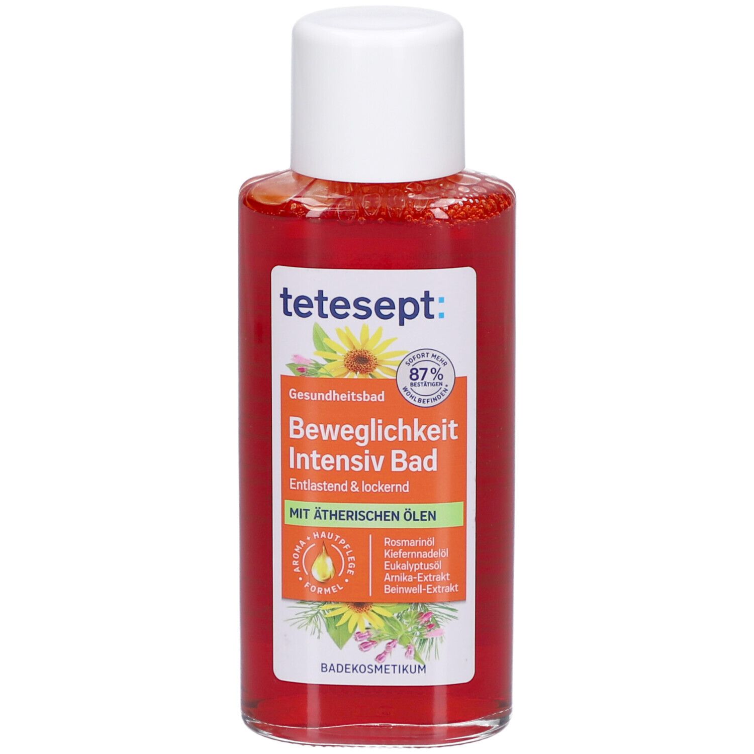 tetesept Beweglichkeit Intensiv Bad. Oranje vloeistof in fles met witte dop. Vegan.