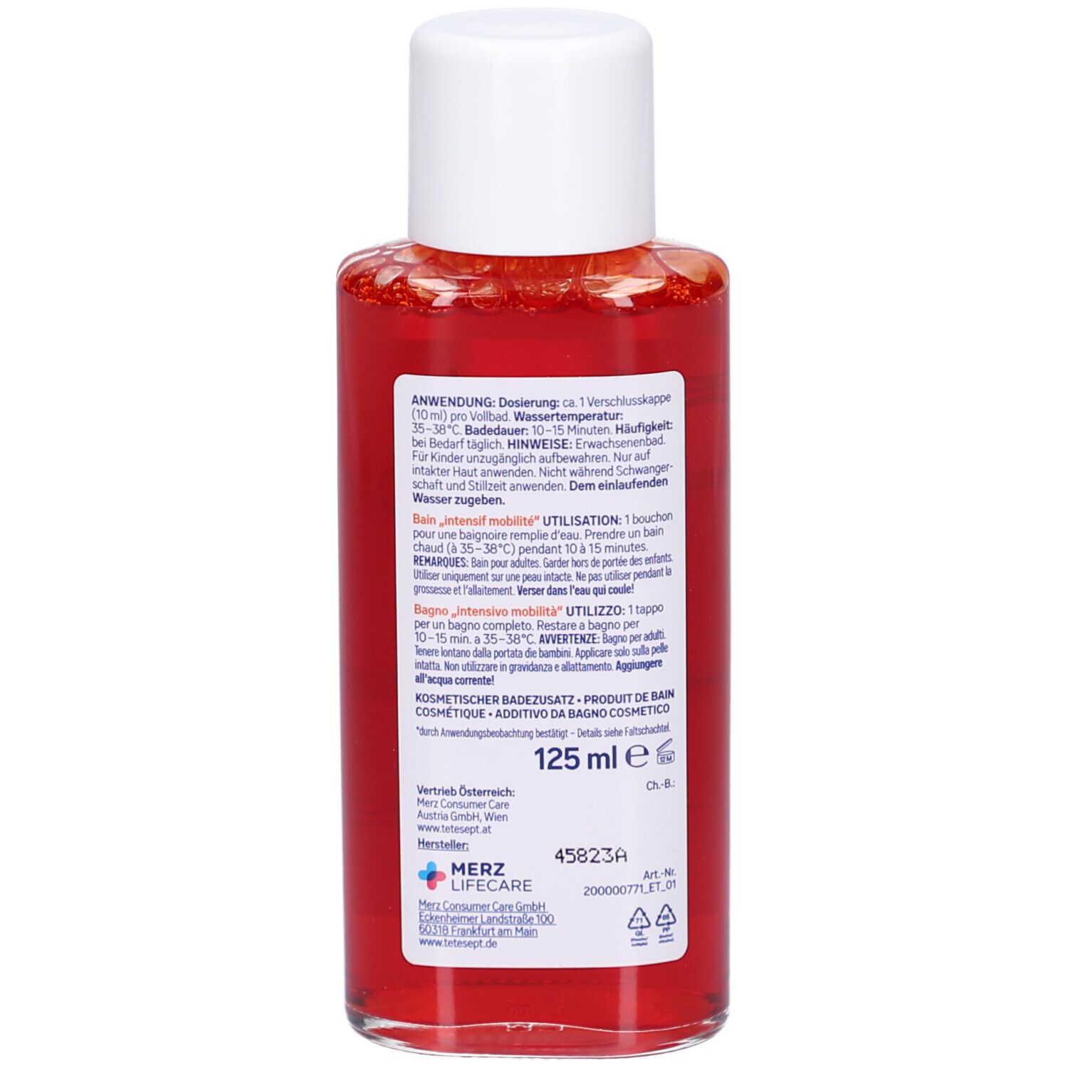 tetesept Beweglichkeit Intensiv Bad. Achterkant van de fles met tekst en 125 ml.