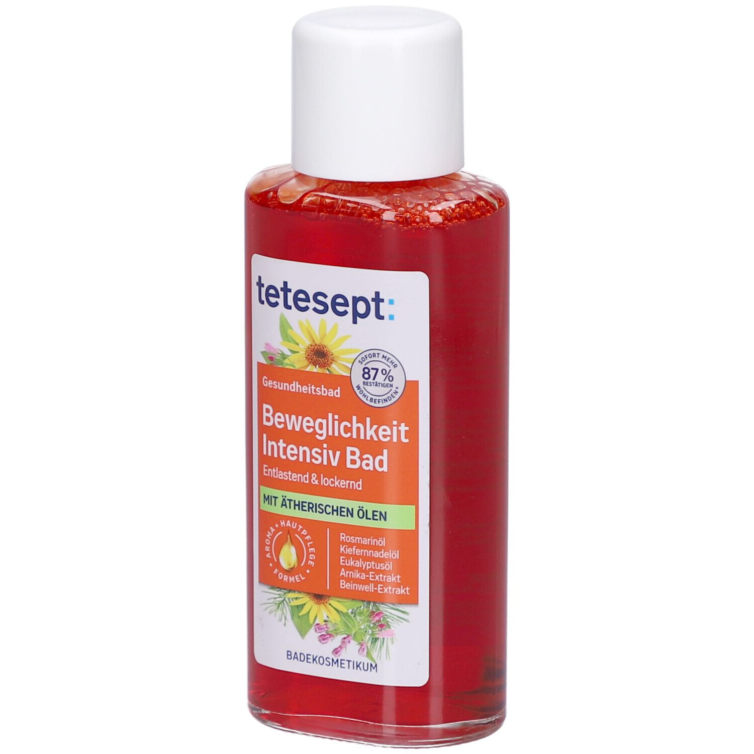 tetesept Beweglichkeit Intensiv Bad. Oranje vloeistof in fles met witte dop. Vegan.