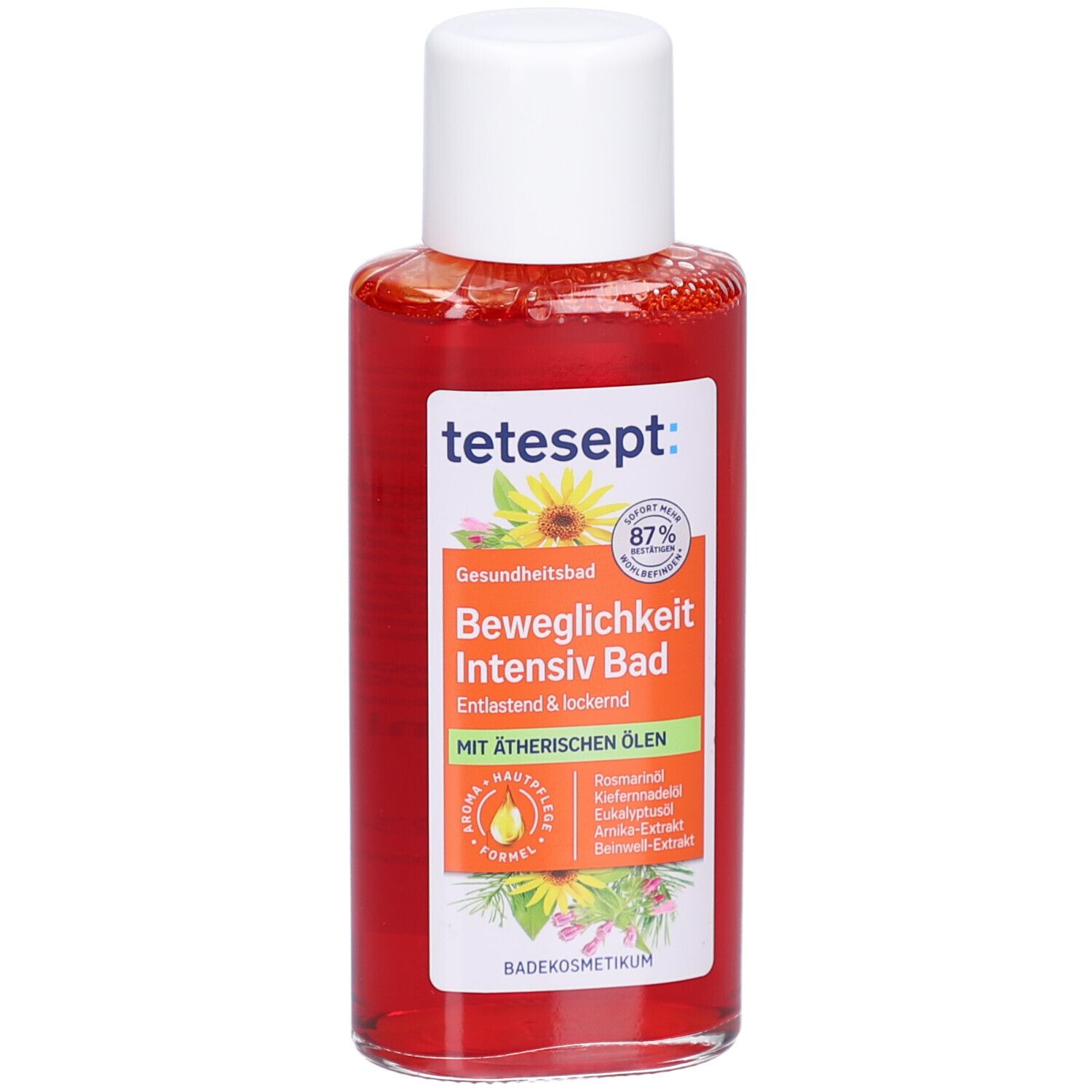 tetesept Beweglichkeit Intensiv Bad. Oranje vloeistof in fles met witte dop. Vegan.