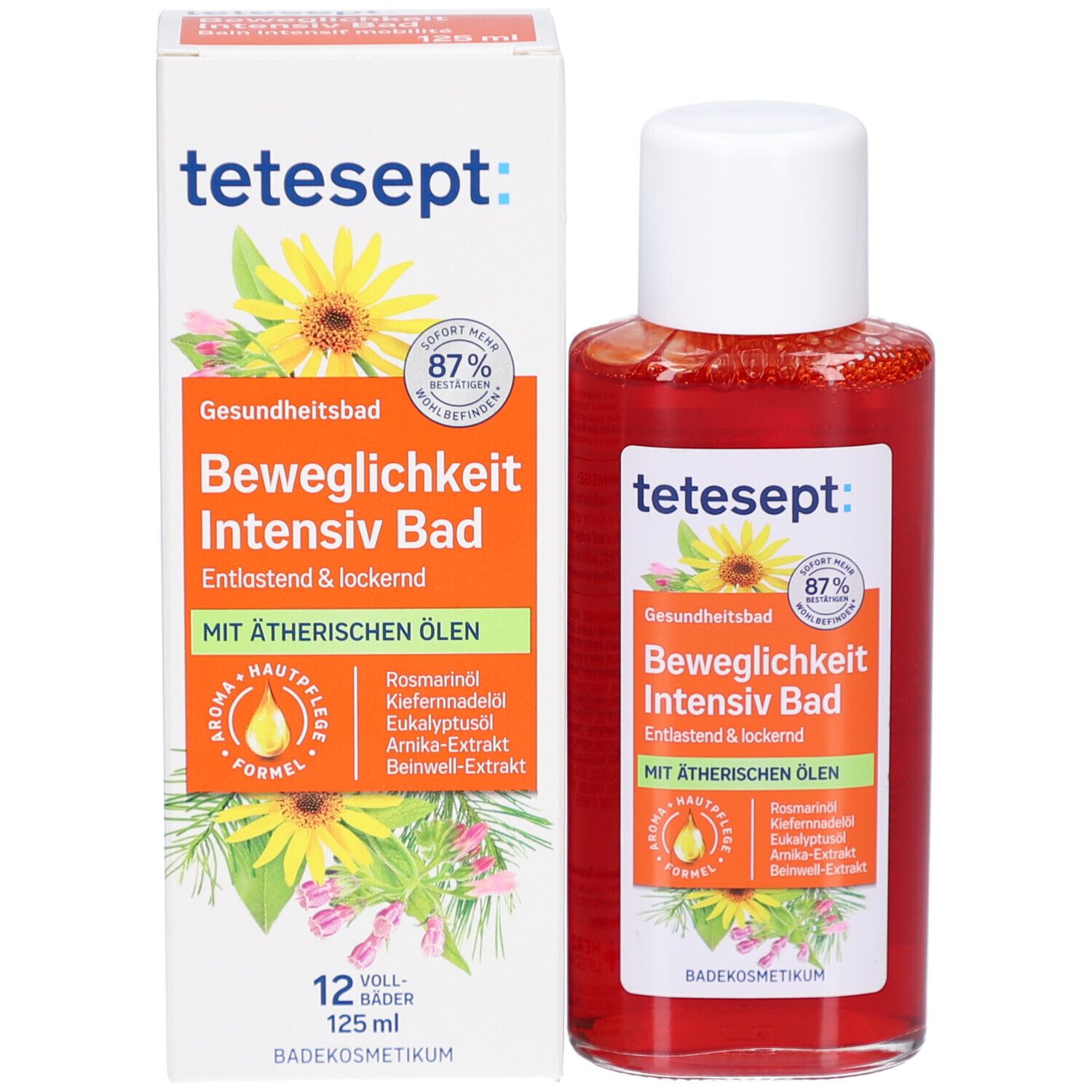 tetesept Beweglichkeit Intensiv Bad. Fles en doos. 125 ml. Vegan.