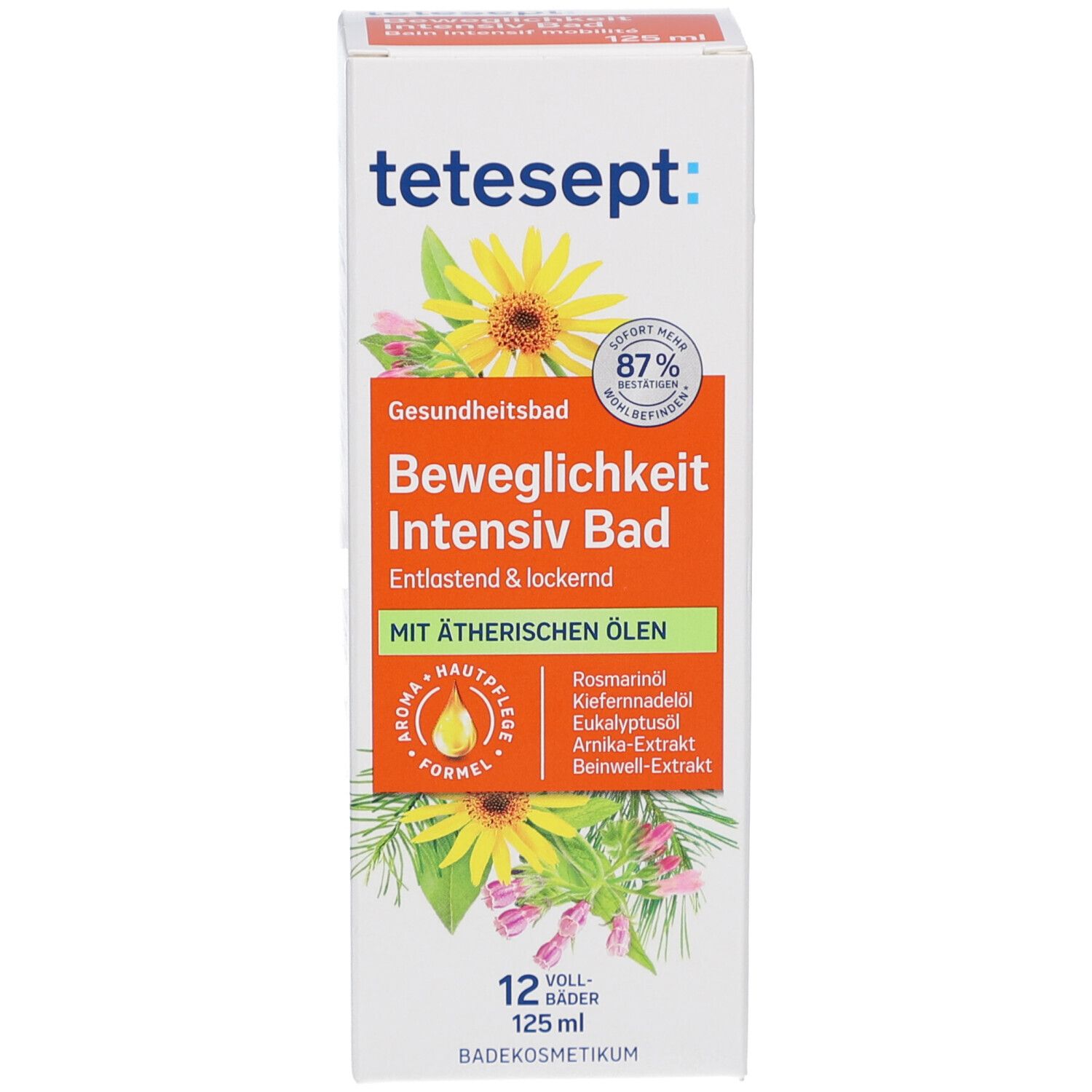 tetesept Beweglichkeit Intensiv Bad. Doos met tekst en 125 ml. Vegan.