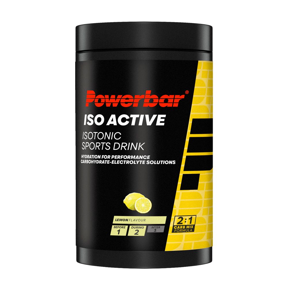 Boîte noire Powerbar Iso Active, citron. Inscription : Isotonic Sports Drink. Étiquette jaune avec des citrons.