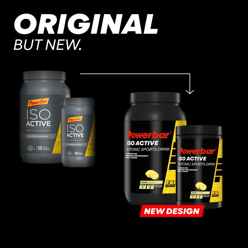 Comparaison des boîtes Powerbar Iso Active. Gauche : ancien design. Droite : nouveau design. Texte : Original, mais nouveau.