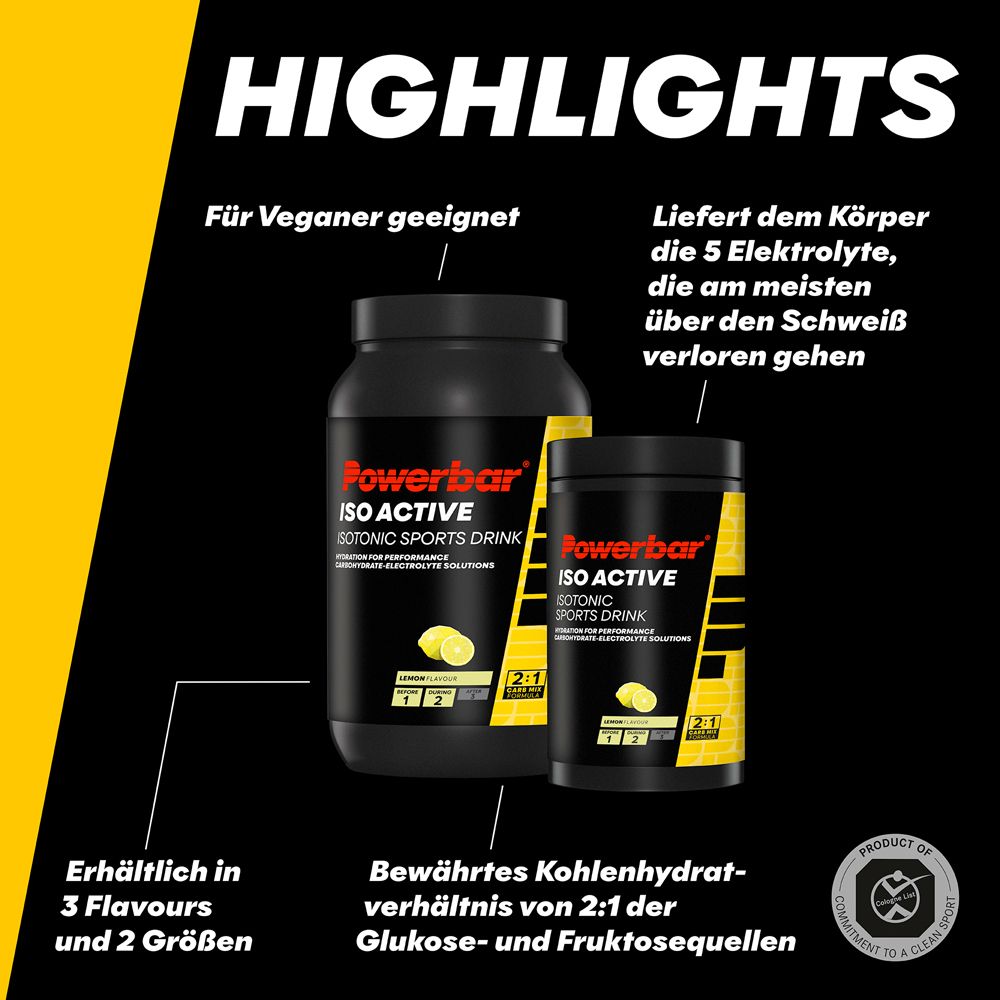 Boîtes Powerbar Iso Active. Texte : Convient aux végétaliens, fournit des électrolytes, disponible en 3 saveurs et 2 tailles.