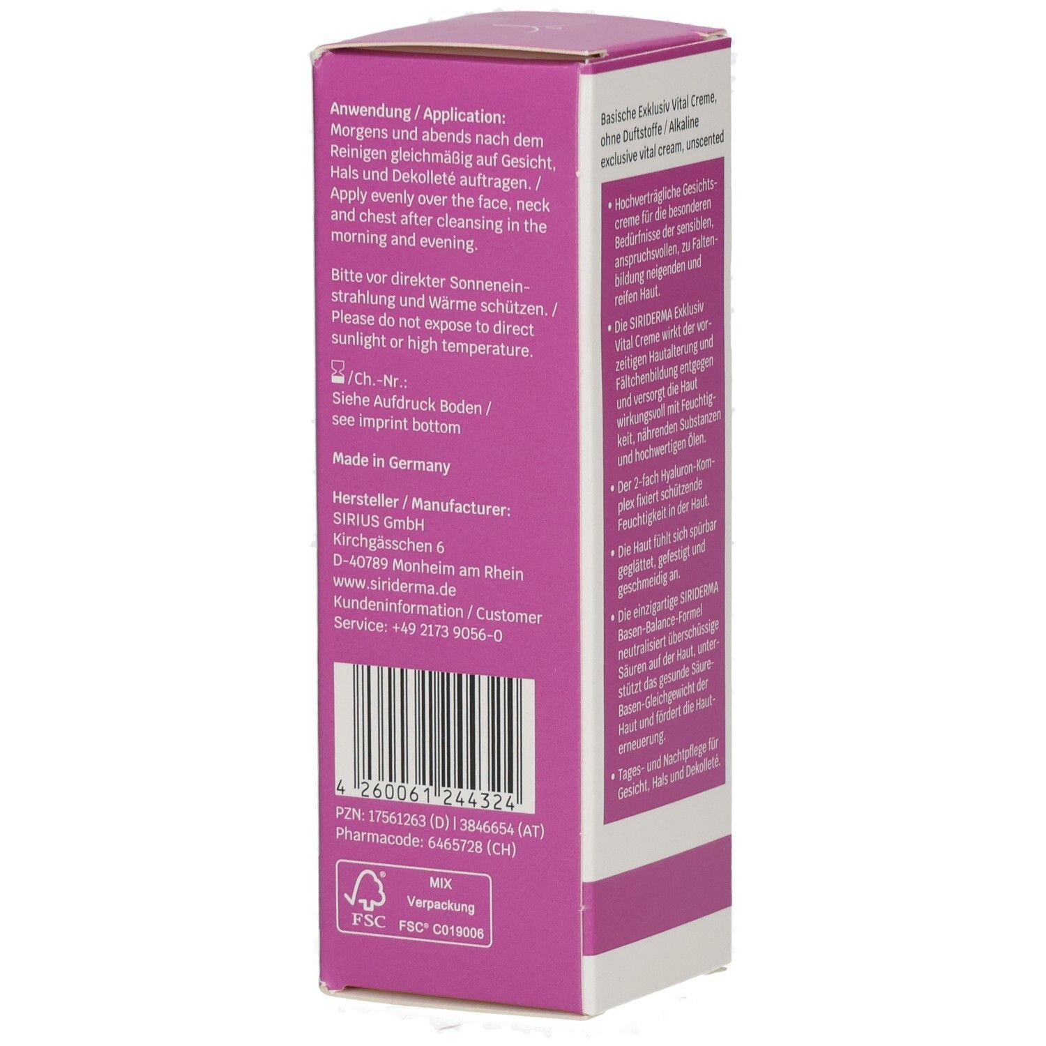 Vue latérale de l'emballage SIRIDERMA Exklusiv Vital Crème avec instructions d'application.
